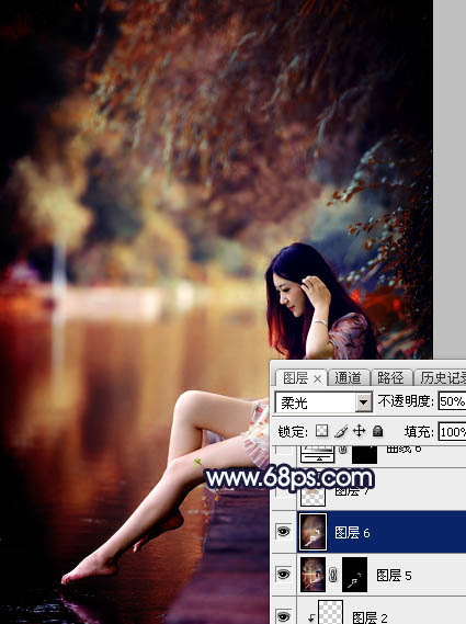 Photoshop为水边的美女调制出暗调霞光色