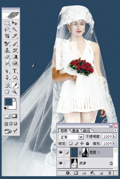 photoshop利用灰色通道完美抠出穿婚纱的模特换背景