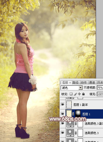 Photoshop为树林小路上的美女调制出唯美的秋季淡暖色
